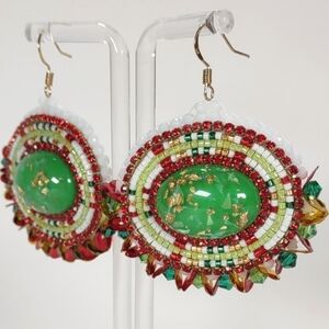Handmade Beaded Oval With Green Accents Christmas Themed Fishhook Post Earrings